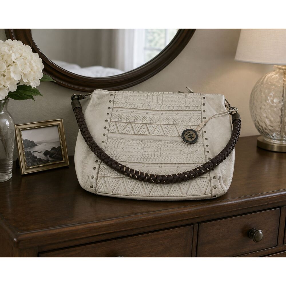 The Sak Leather off-White Studded Tribal Embroidered Bag Braided handle